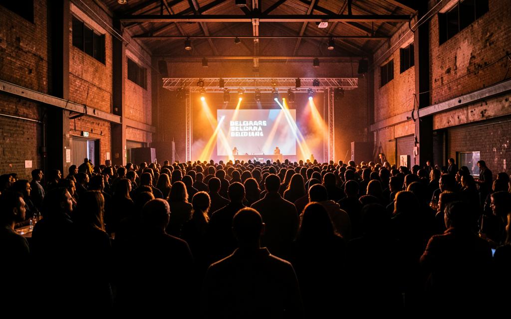 A tech meetup crowd in a Belgrade industrial venue at night