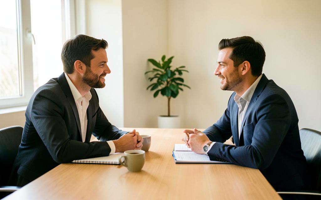 Two investors talking across a table in a bright meeting room